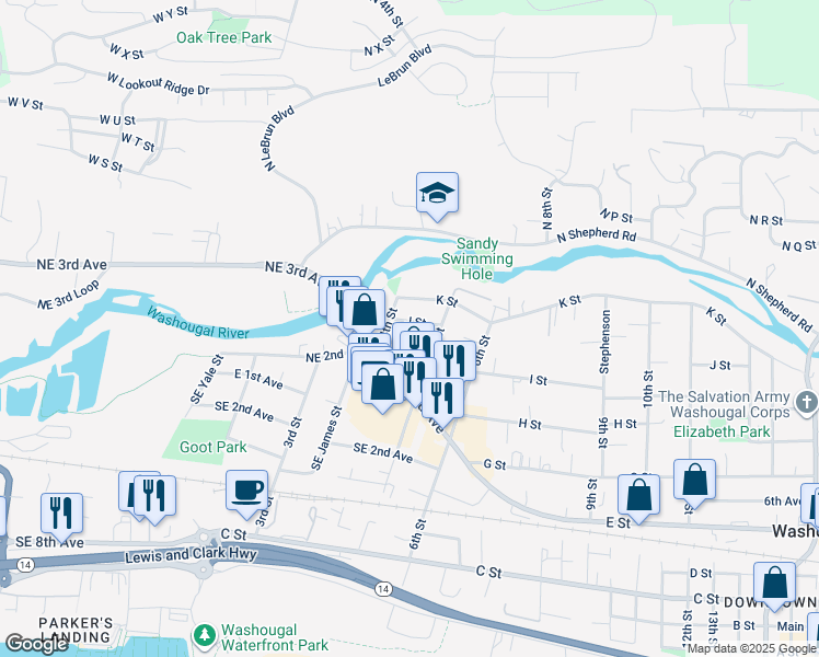 map of restaurants, bars, coffee shops, grocery stores, and more near 439 I Street in Washougal