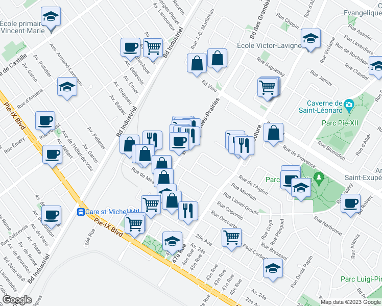 map of restaurants, bars, coffee shops, grocery stores, and more near 4600 Boulevard des Grandes-Prairies in Montréal