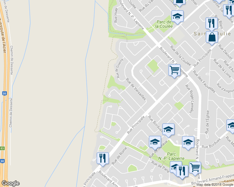map of restaurants, bars, coffee shops, grocery stores, and more near 1985 Rue du Luxembourg in Sainte-Julie