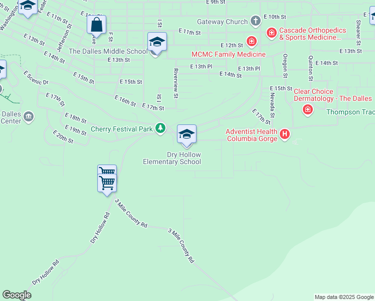map of restaurants, bars, coffee shops, grocery stores, and more near 1314 East 19th Street in The Dalles