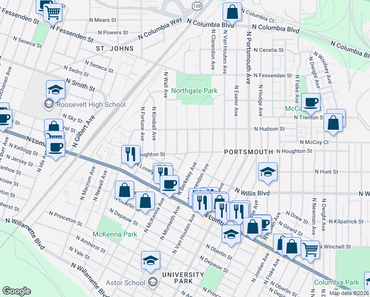 map of restaurants, bars, coffee shops, grocery stores, and more near 5927 North Houghton Street in Portland