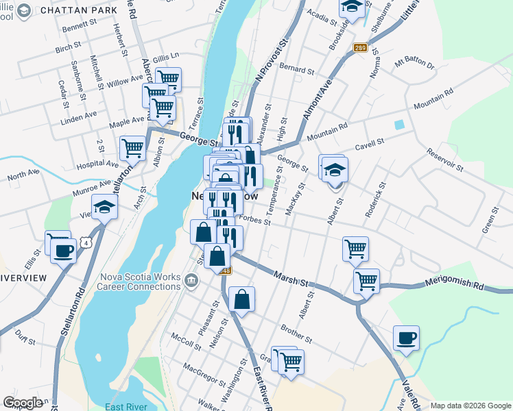 map of restaurants, bars, coffee shops, grocery stores, and more near 207 Maclean Street in New Glasgow