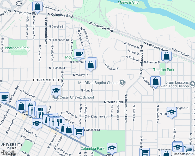 map of restaurants, bars, coffee shops, grocery stores, and more near 4409 North Houghton Street in Portland