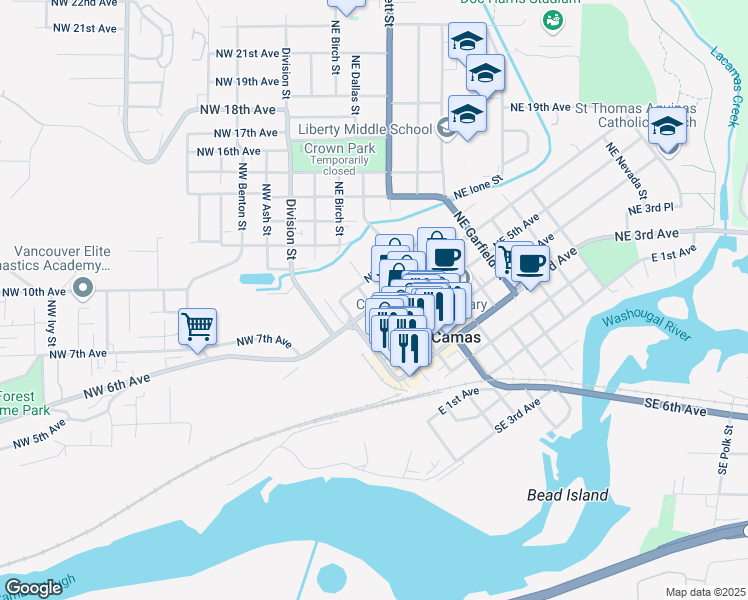 map of restaurants, bars, coffee shops, grocery stores, and more near 302 Northeast 6th Avenue in Camas