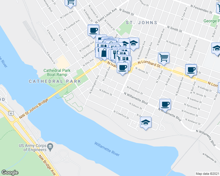 map of restaurants, bars, coffee shops, grocery stores, and more near 8314 North Willamette Boulevard in Portland