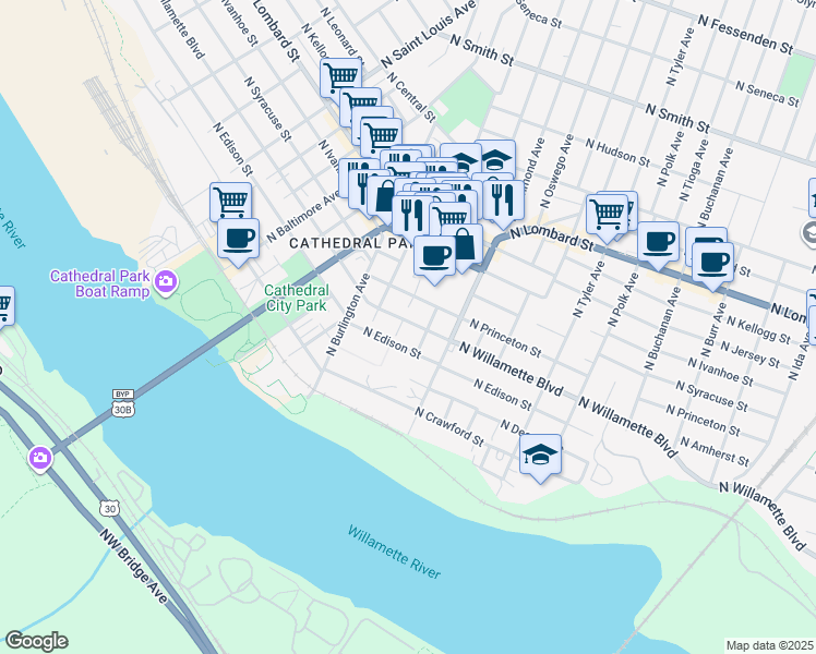 map of restaurants, bars, coffee shops, grocery stores, and more near 8340 North Willamette Boulevard in Portland