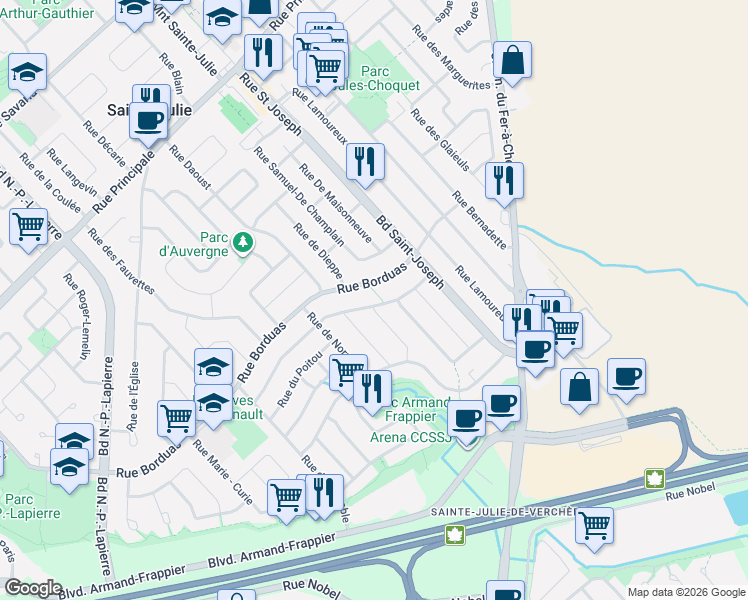 map of restaurants, bars, coffee shops, grocery stores, and more near 1799 Rue de Lanaudière in Sainte-Julie