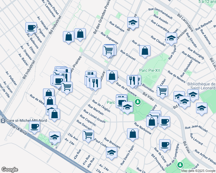 map of restaurants, bars, coffee shops, grocery stores, and more near 9086 Rue Émile Nelligan in Montréal