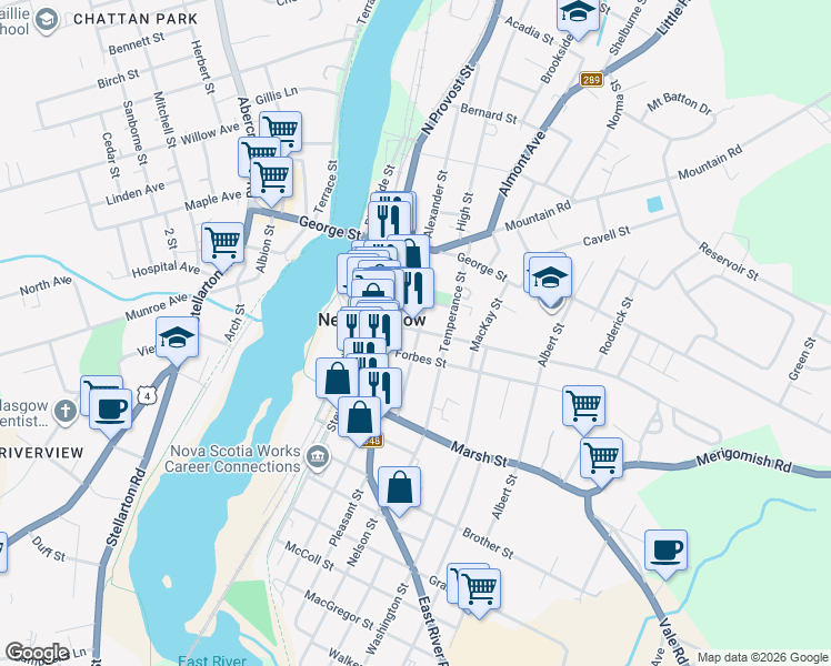 map of restaurants, bars, coffee shops, grocery stores, and more near 203 Maclean Street in New Glasgow