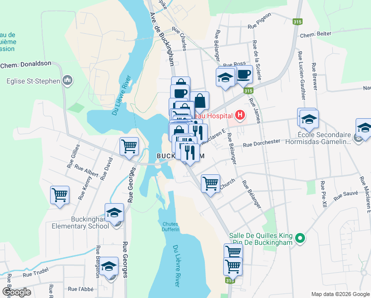 map of restaurants, bars, coffee shops, grocery stores, and more near 104 Rue Maclaren Est in Gatineau