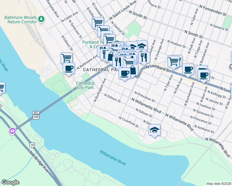 map of restaurants, bars, coffee shops, grocery stores, and more near 8372 North Willamette Boulevard in Portland