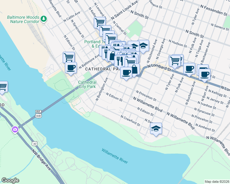 map of restaurants, bars, coffee shops, grocery stores, and more near 6923-6931 North John Avenue in Portland