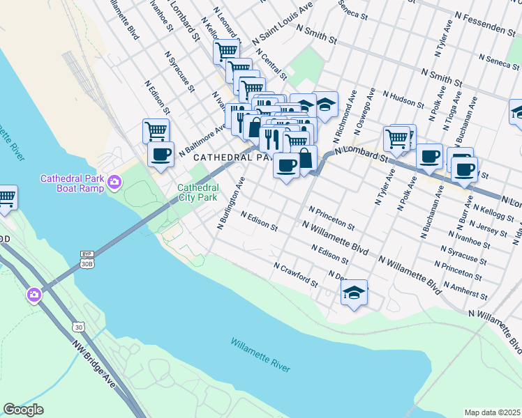 map of restaurants, bars, coffee shops, grocery stores, and more near 6927 North John Avenue in Portland