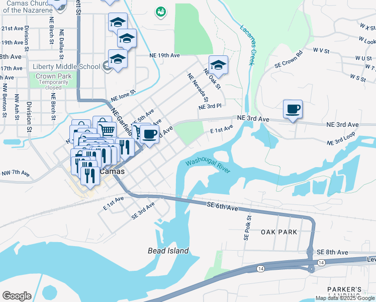 map of restaurants, bars, coffee shops, grocery stores, and more near 125 Southeast King Street in Camas