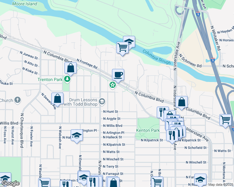 map of restaurants, bars, coffee shops, grocery stores, and more near 8831 North Burrage Avenue in Portland