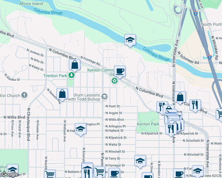 map of restaurants, bars, coffee shops, grocery stores, and more near 8831 North Burrage Avenue in Portland