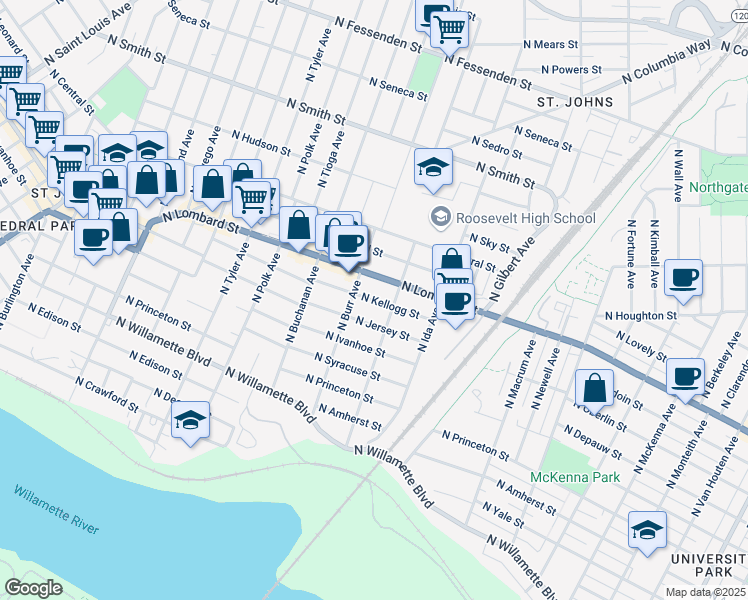 map of restaurants, bars, coffee shops, grocery stores, and more near 7227 North Jersey Street in Portland