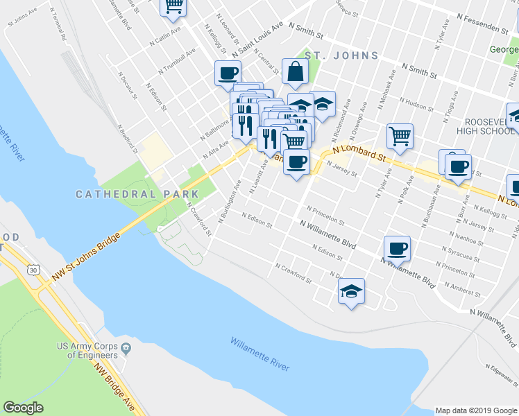 map of restaurants, bars, coffee shops, grocery stores, and more near C North Leavitt Avenue in Portland