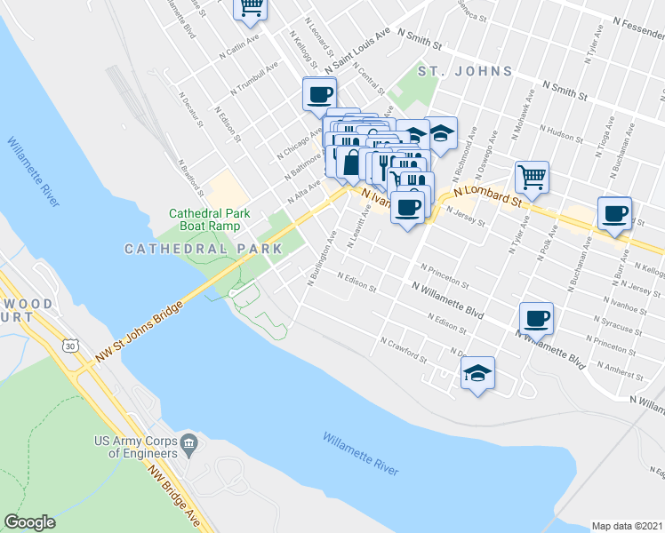 map of restaurants, bars, coffee shops, grocery stores, and more near C North Leavitt Avenue in Portland