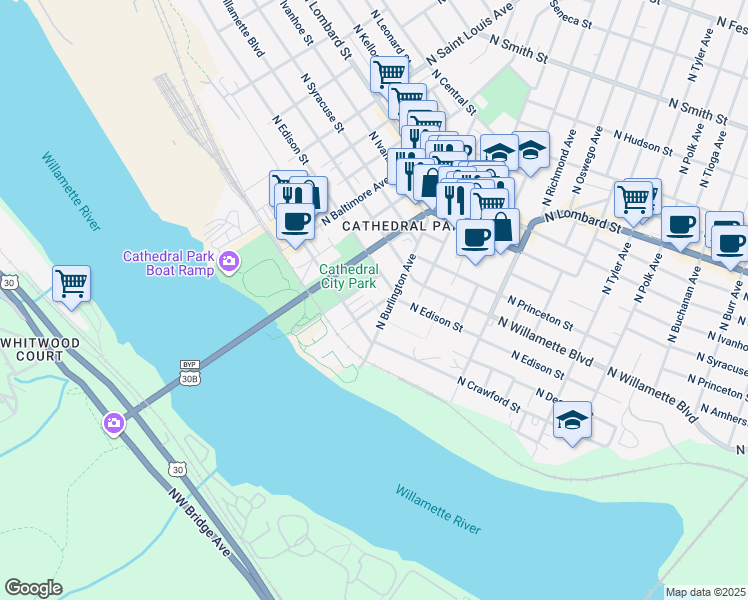 map of restaurants, bars, coffee shops, grocery stores, and more near 8527 North Decatur Street in Portland