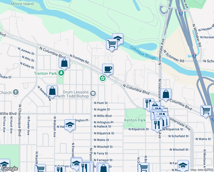 map of restaurants, bars, coffee shops, grocery stores, and more near 8831 North Burrage Avenue in Portland