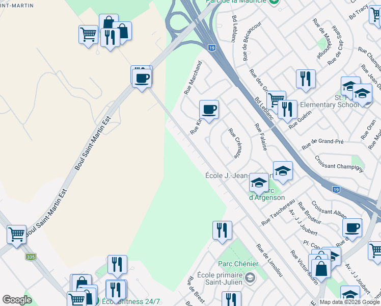 map of restaurants, bars, coffee shops, grocery stores, and more near 1586 Rue Notre-Dame-de-Fatima in Laval