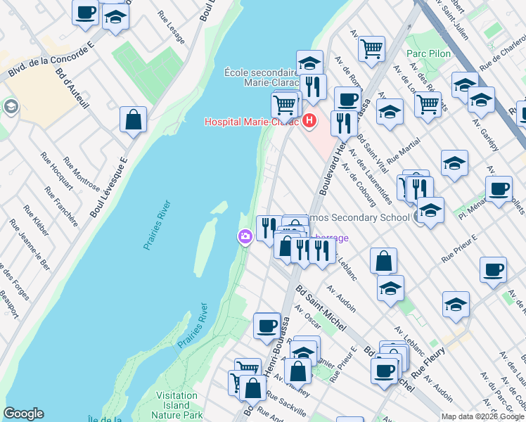 map of restaurants, bars, coffee shops, grocery stores, and more near 3285 Boulevard Gouin Est in Montréal