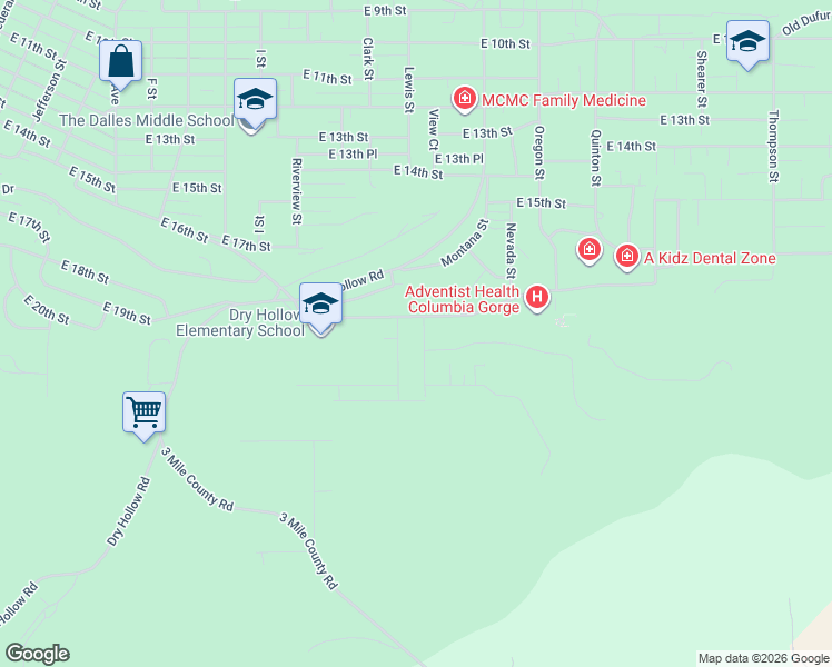 map of restaurants, bars, coffee shops, grocery stores, and more near 2007 View Court in The Dalles