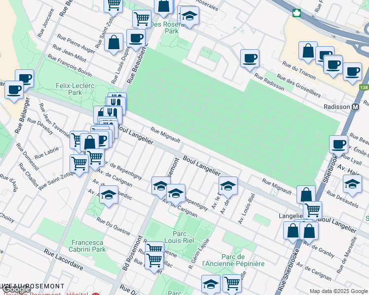map of restaurants, bars, coffee shops, grocery stores, and more near 5890 Rue Mignault in Montréal