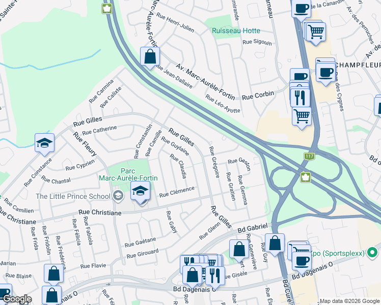 map of restaurants, bars, coffee shops, grocery stores, and more near 696 Rue Guylaine in Laval