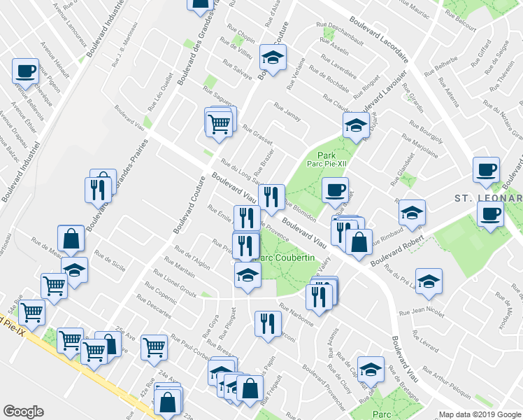 map of restaurants, bars, coffee shops, grocery stores, and more near 8976 Boulevard Viau in Montréal