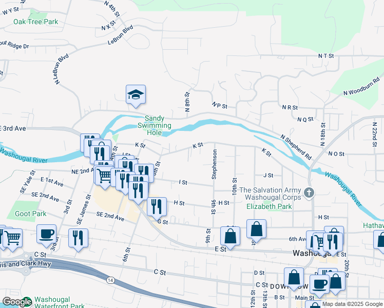 map of restaurants, bars, coffee shops, grocery stores, and more near 1033 8th Court in Washougal
