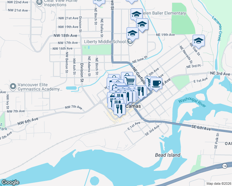 map of restaurants, bars, coffee shops, grocery stores, and more near 426 Northeast Cedar Street in Camas