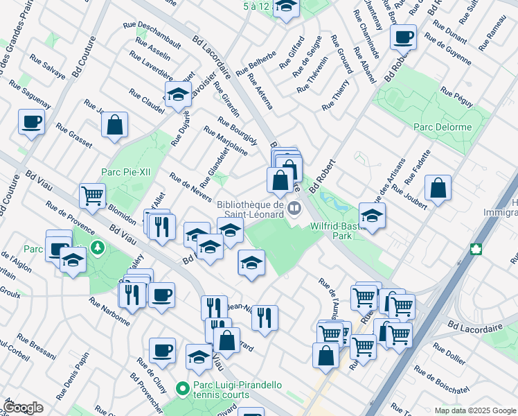 map of restaurants, bars, coffee shops, grocery stores, and more near 5340 Rue Marquis in Montréal