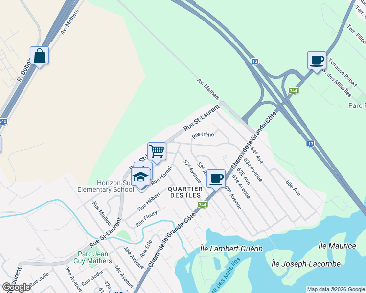 map of restaurants, bars, coffee shops, grocery stores, and more near 158 62ᵉ Avenue in Saint-Eustache