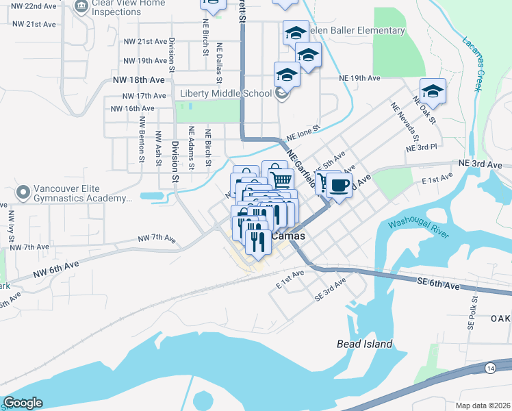 map of restaurants, bars, coffee shops, grocery stores, and more near 426 Northeast Cedar Street in Camas