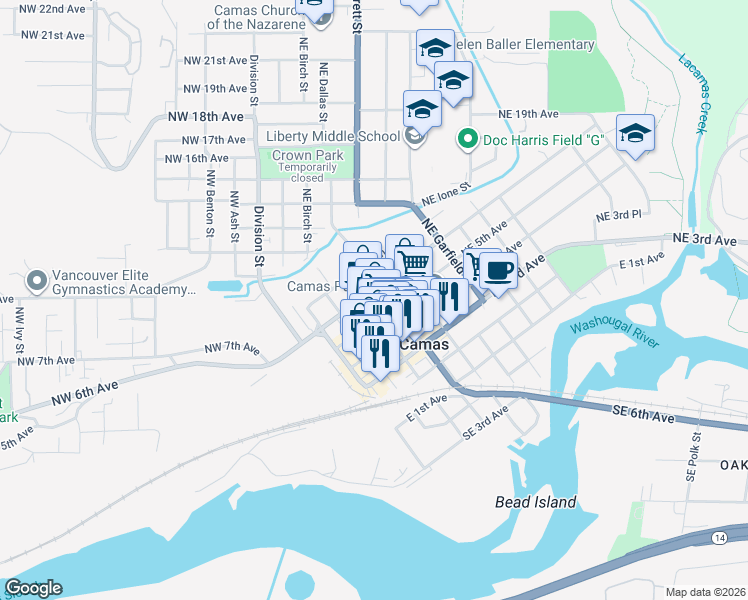 map of restaurants, bars, coffee shops, grocery stores, and more near 426 Northeast Cedar Street in Camas