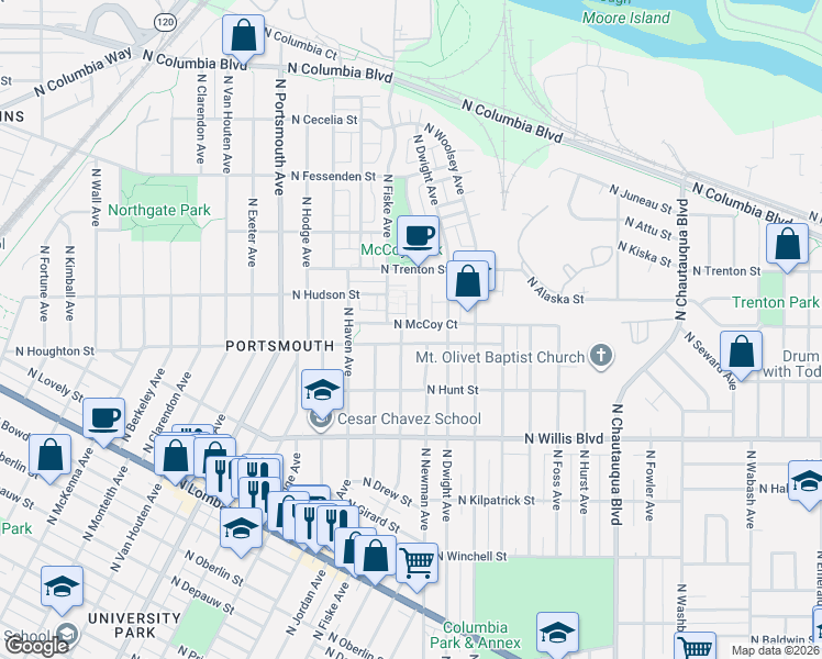 map of restaurants, bars, coffee shops, grocery stores, and more near 4820 North Houghton Street in Portland