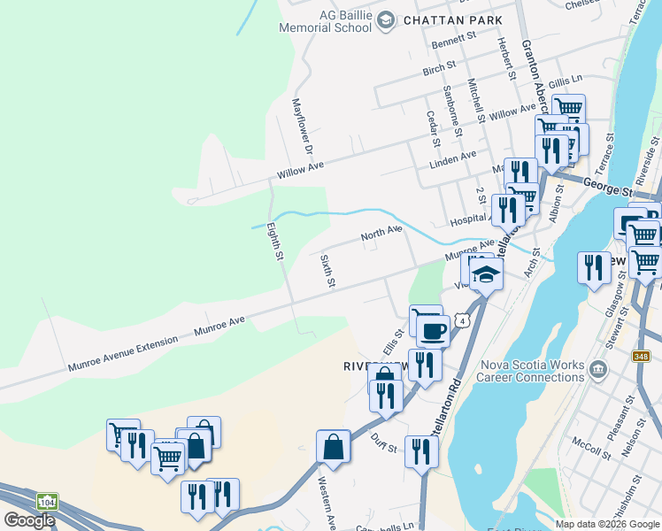map of restaurants, bars, coffee shops, grocery stores, and more near 141 Sixth Street in New Glasgow