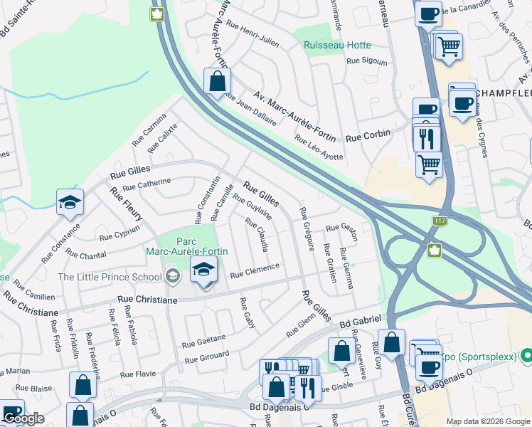 map of restaurants, bars, coffee shops, grocery stores, and more near 728 Rue Guylaine in Laval