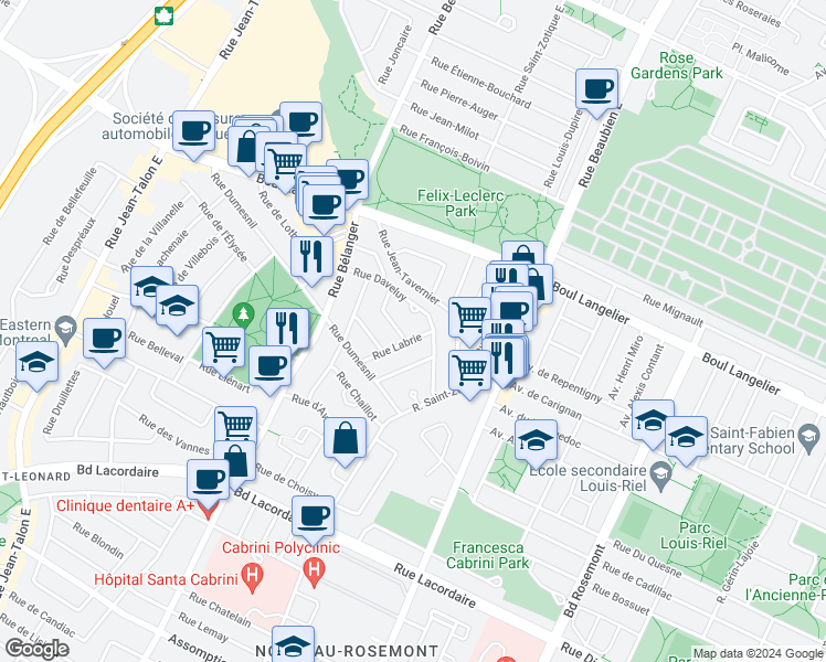 map of restaurants, bars, coffee shops, grocery stores, and more near 6403 Rue Labrie in Montréal