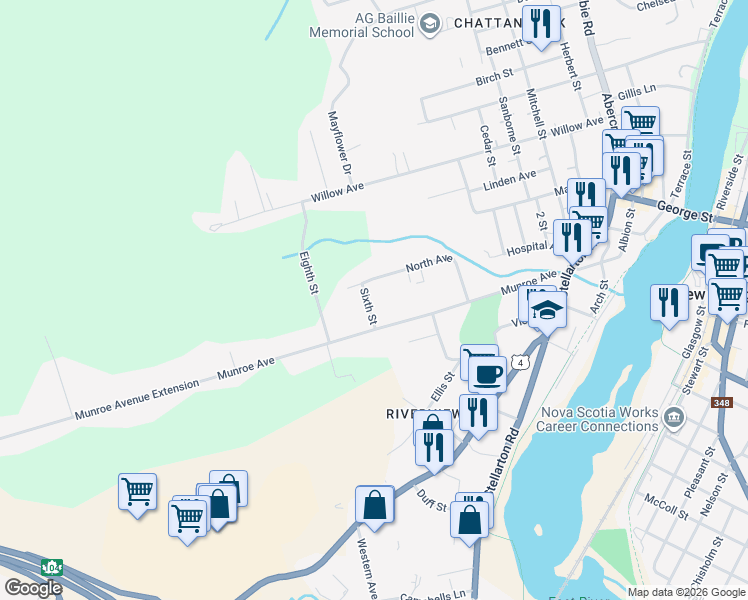 map of restaurants, bars, coffee shops, grocery stores, and more near 162 Sixth Street in New Glasgow