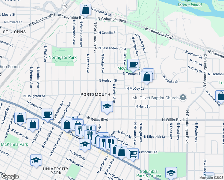 map of restaurants, bars, coffee shops, grocery stores, and more near 8917 North Haven Avenue in Portland