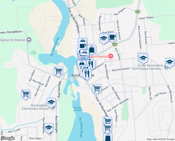map of restaurants, bars, coffee shops, grocery stores, and more near 115 Rue Maclaren Est in Gatineau
