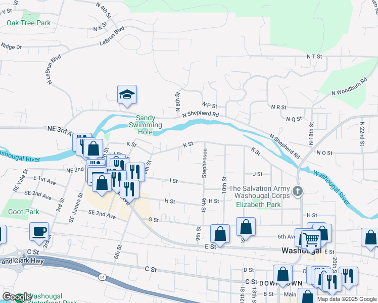 map of restaurants, bars, coffee shops, grocery stores, and more near 776 K Street in Washougal
