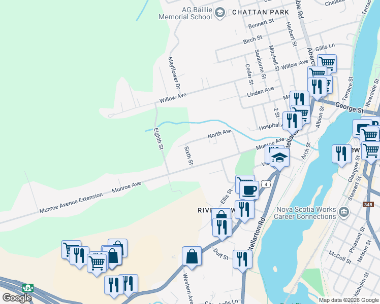 map of restaurants, bars, coffee shops, grocery stores, and more near 162 Sixth Street in New Glasgow