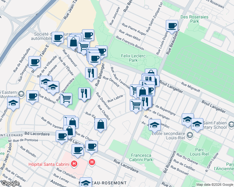map of restaurants, bars, coffee shops, grocery stores, and more near 6887 Rue Rainier in Montréal