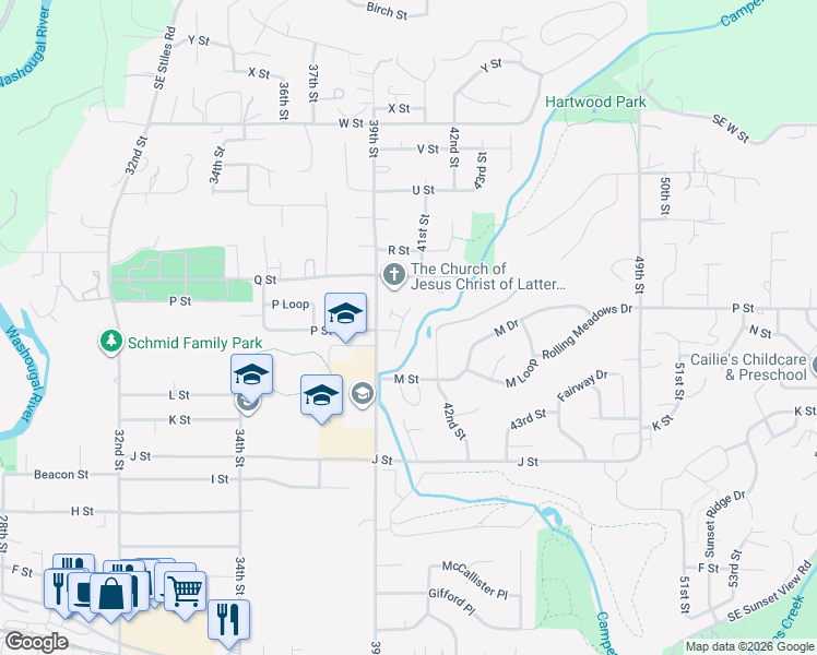 map of restaurants, bars, coffee shops, grocery stores, and more near 1375 42nd Street in Washougal