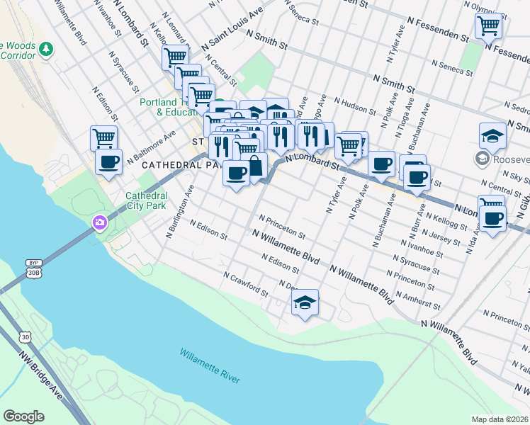 map of restaurants, bars, coffee shops, grocery stores, and more near 7112 North Richmond Avenue in Portland