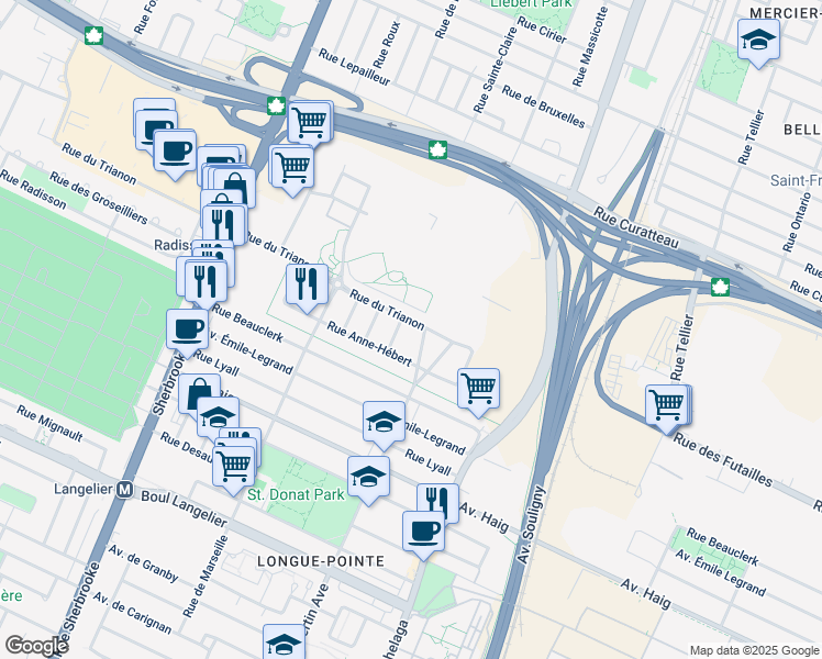map of restaurants, bars, coffee shops, grocery stores, and more near 2750 Rue du Trianon in Montréal